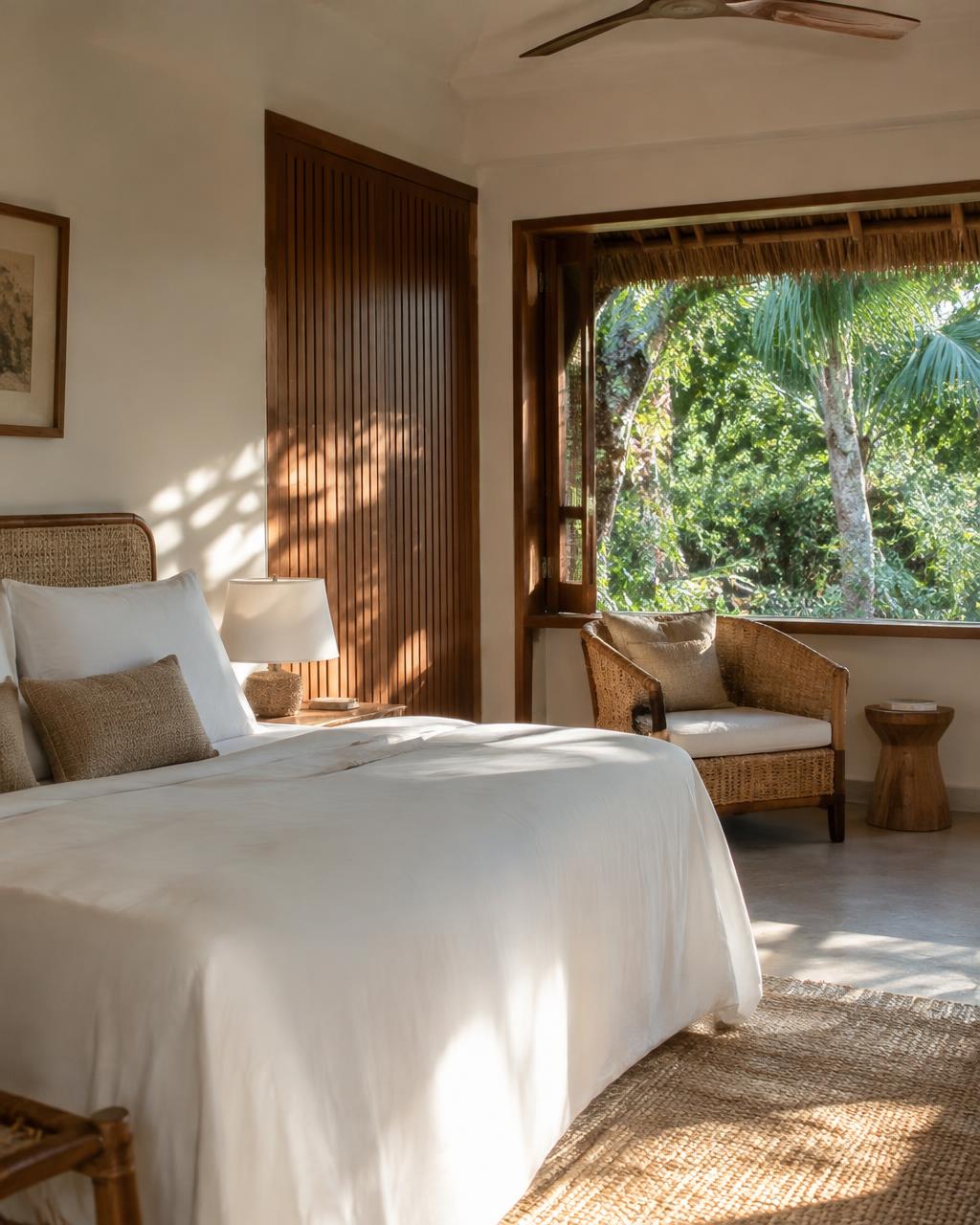Habitación luminosa con ropa de cama blanca y vista a la selva