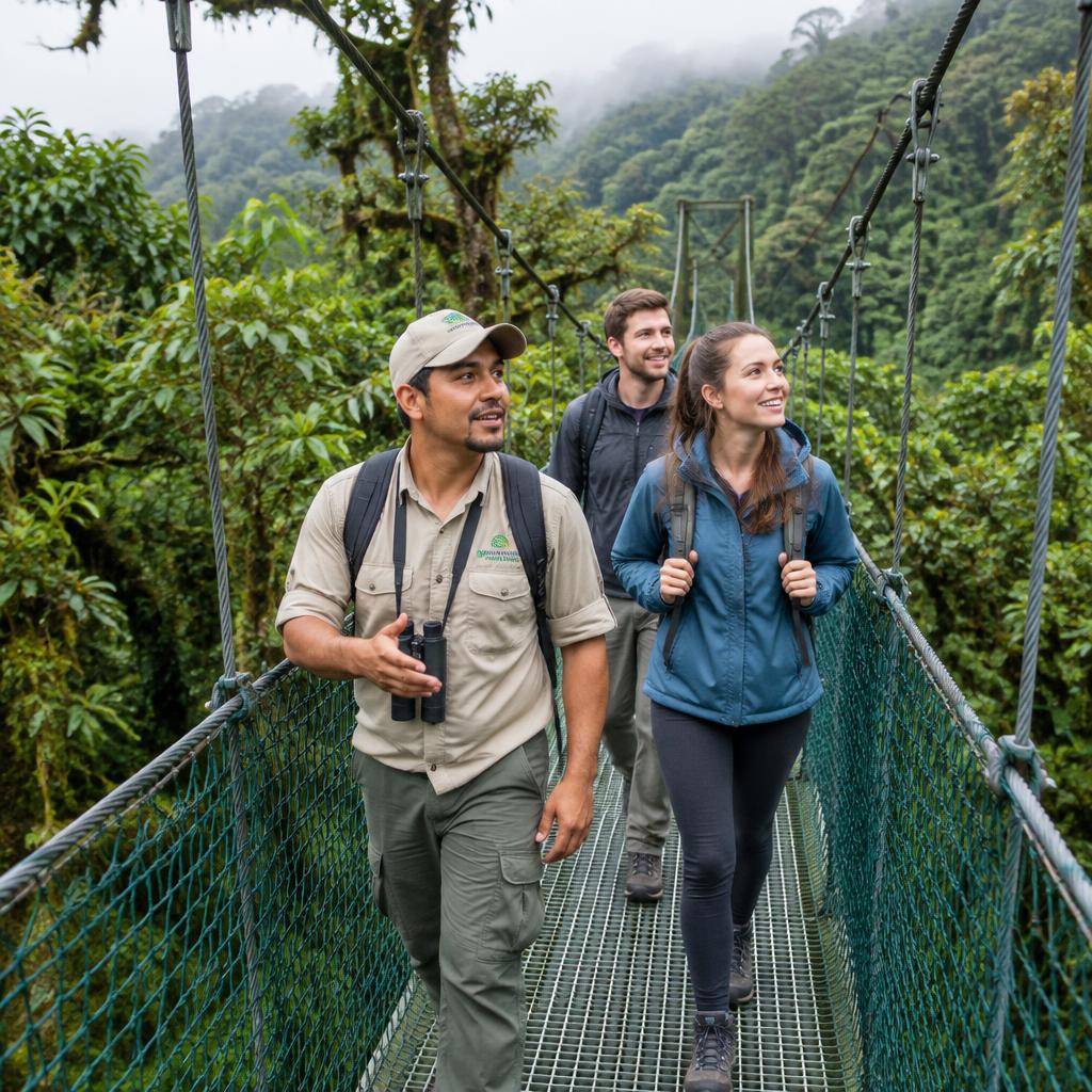 Guía y viajeros en un puente colgante del bosque nuboso